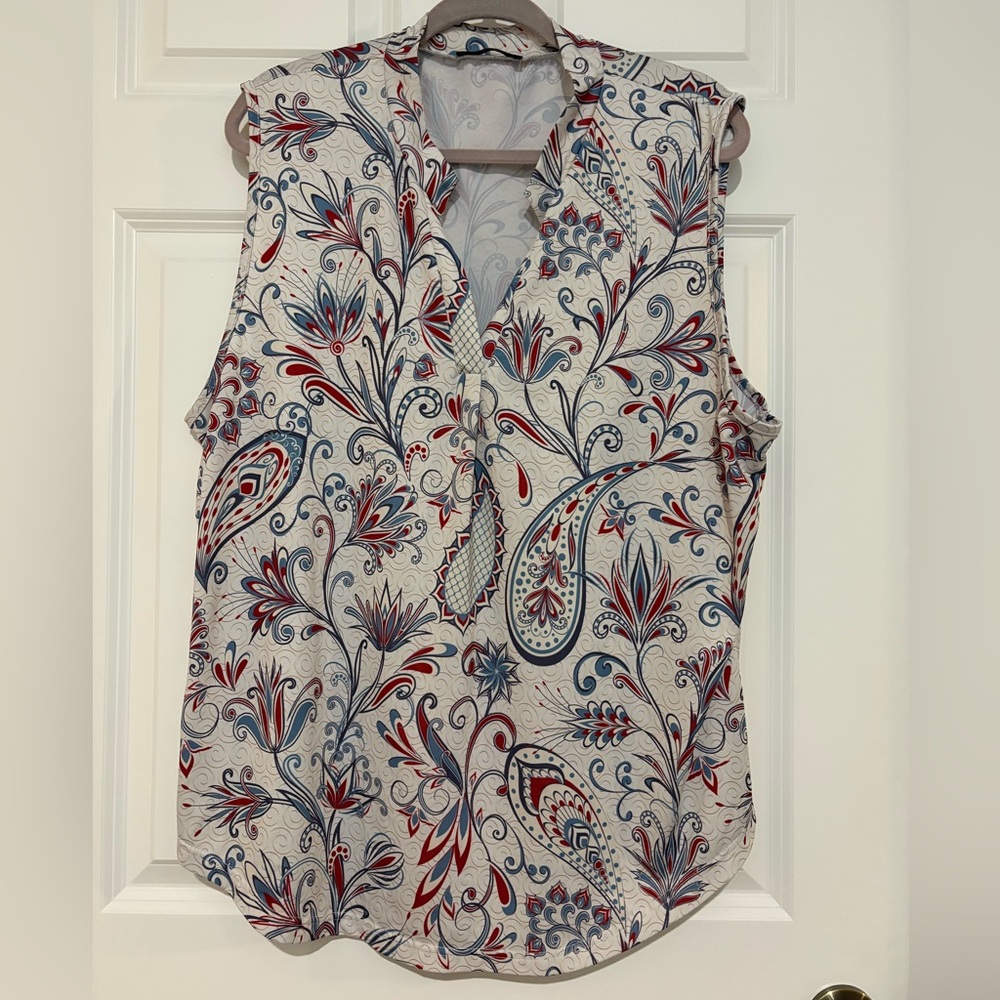 Red and Blue Paisley Blouse with Notched Collar